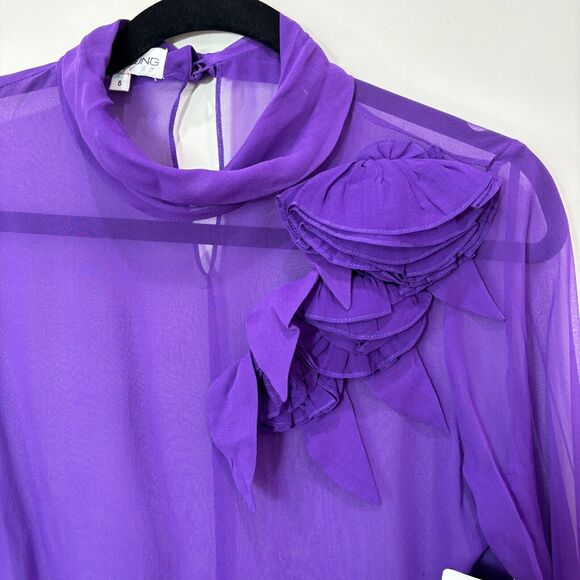 VTG Alfred Sung Purple Silk Chiffon Sheer Mock Neck Blouse 6 Floral Whimsigoth - Picture 3 of 14